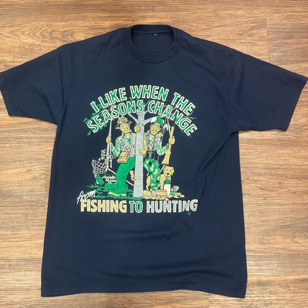 Vintage Mens Funny Hunting Season Fishing Cartoon T Shirt XL Blue Rare